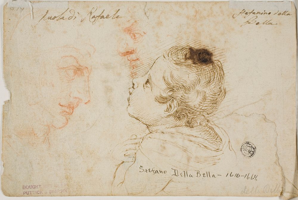 Sketches of Child Praying, Two Male Profiles (recto); Sketches of Male Heads (verso) by Stefano della Bella
