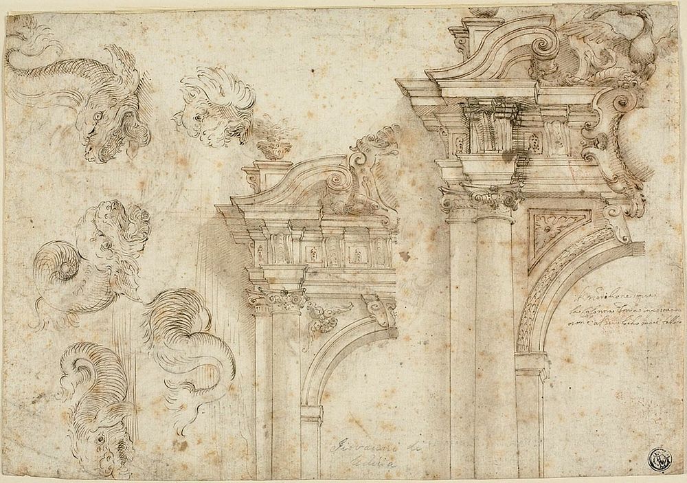 Sheet of Sketches: Sea Monsters and Elaborate Portals (recto); Sketches of Architectural Details (verso) by Agostino Mitelli