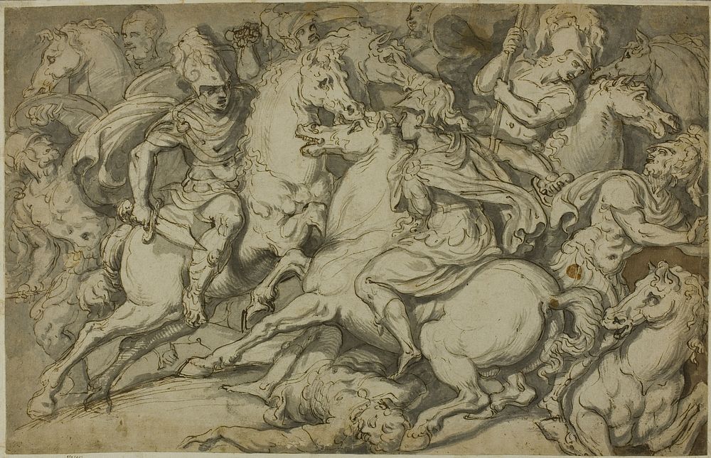 Cavalry Skirmish (recto); Kneeling Ecorché (verso) by Francesco Salviati