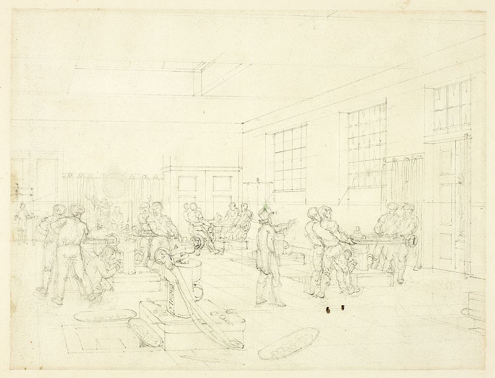 Study for The Mint, from Microcosm of London (recto); Sketch of Courtyard (verso) by Augustus Charles Pugin