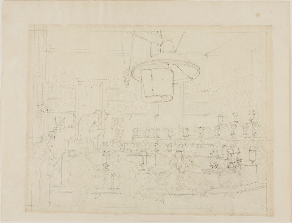 Study for Drawing from Life at the Royal Academy, Somerset House, from Microcosm of London (recto); Study for Drawing from…