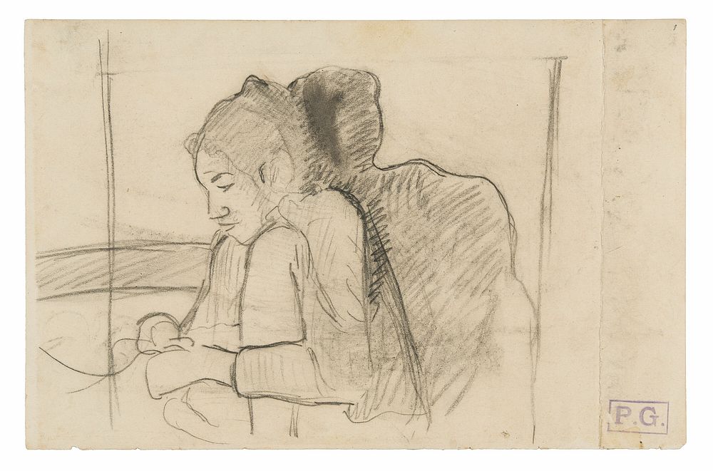 Seated Tahitian Woman (recto), Sketches of Roosters and Chickens (verso) by Paul Gauguin