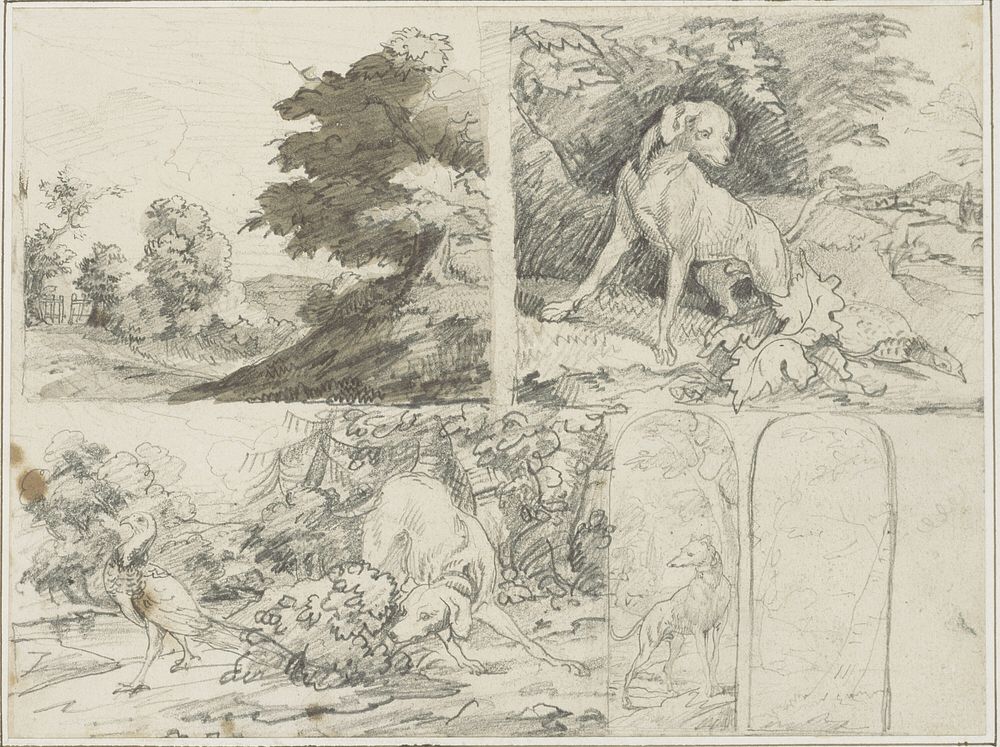Sketches of a Wooded Site, Dogs and Pheasants in Landscape by Jean Louis André Théodore Géricault
