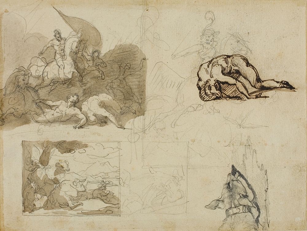 Sketches of a Cavalry Battle, A Landscape with Cows, and Other Compositions by Jean Louis André Théodore Géricault