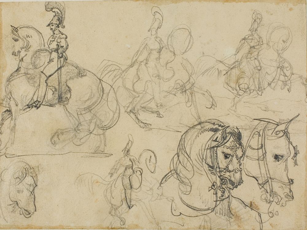 Sketches of Mounted Carabiniers and Heads of Horses by Jean Louis André Théodore Géricault