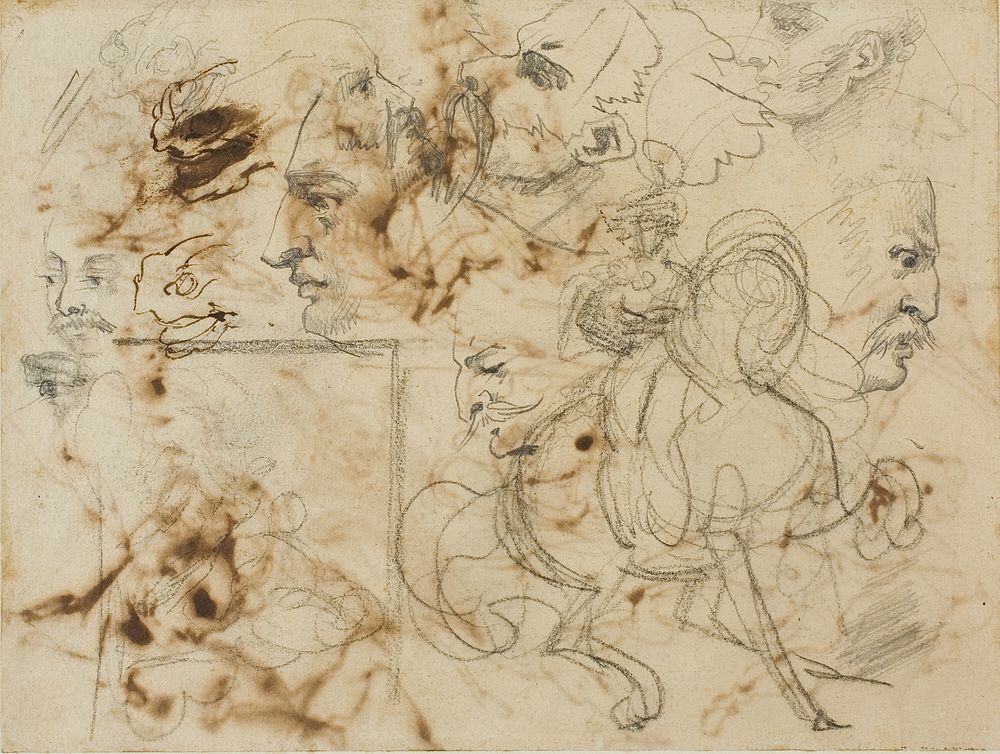 Sketches of Men's Faces, Horses' Muzzles, and Mounted Soldiers by Jean Louis André Théodore Géricault