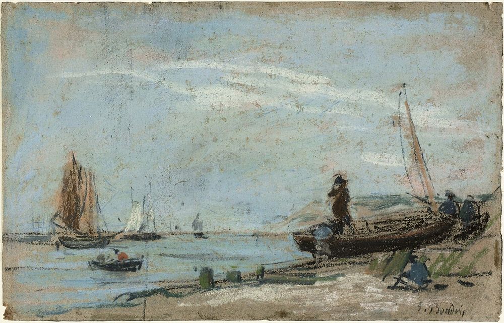 Beach with Fishing Boats (recto); Landscape with Farmer Plowing a Field (verso) by Eugène Louis Boudin