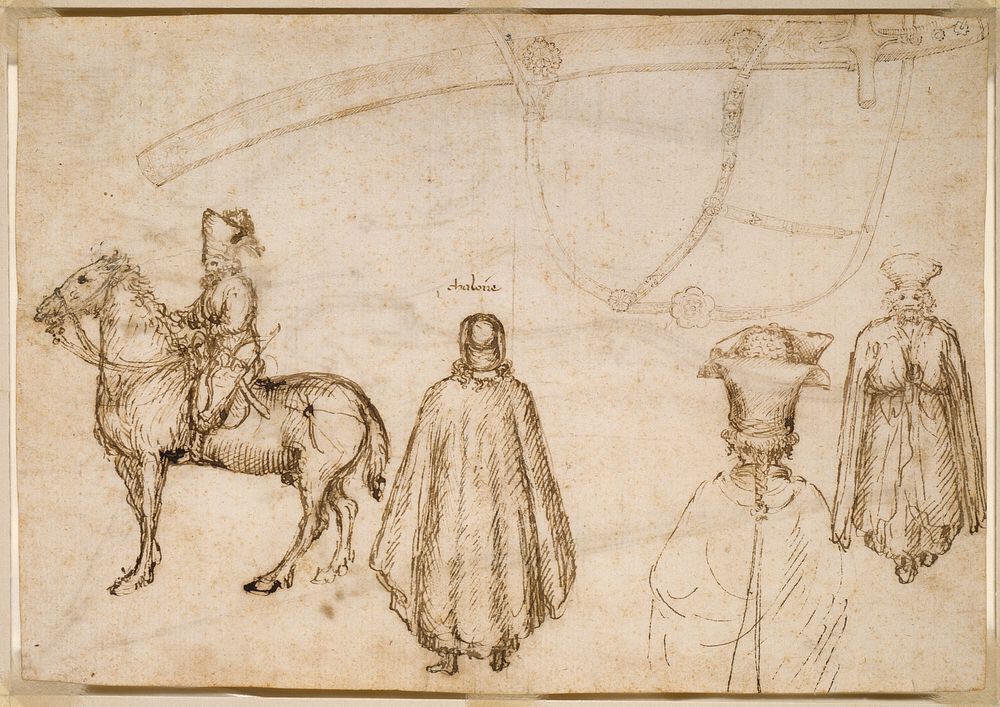 Sketches of the Emperor John VIII Palaeologus, a Monk, and a Scabbard by Pisanello