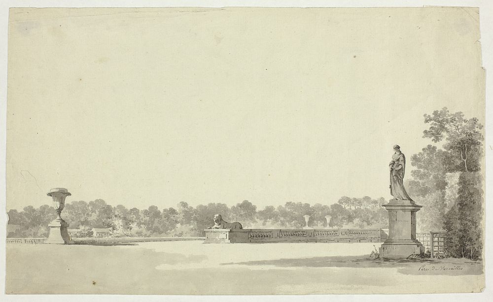 View of the Park at Versailles: Terrace with Urn, Sphinx and Female Statue by Pierre Antoine Mongin