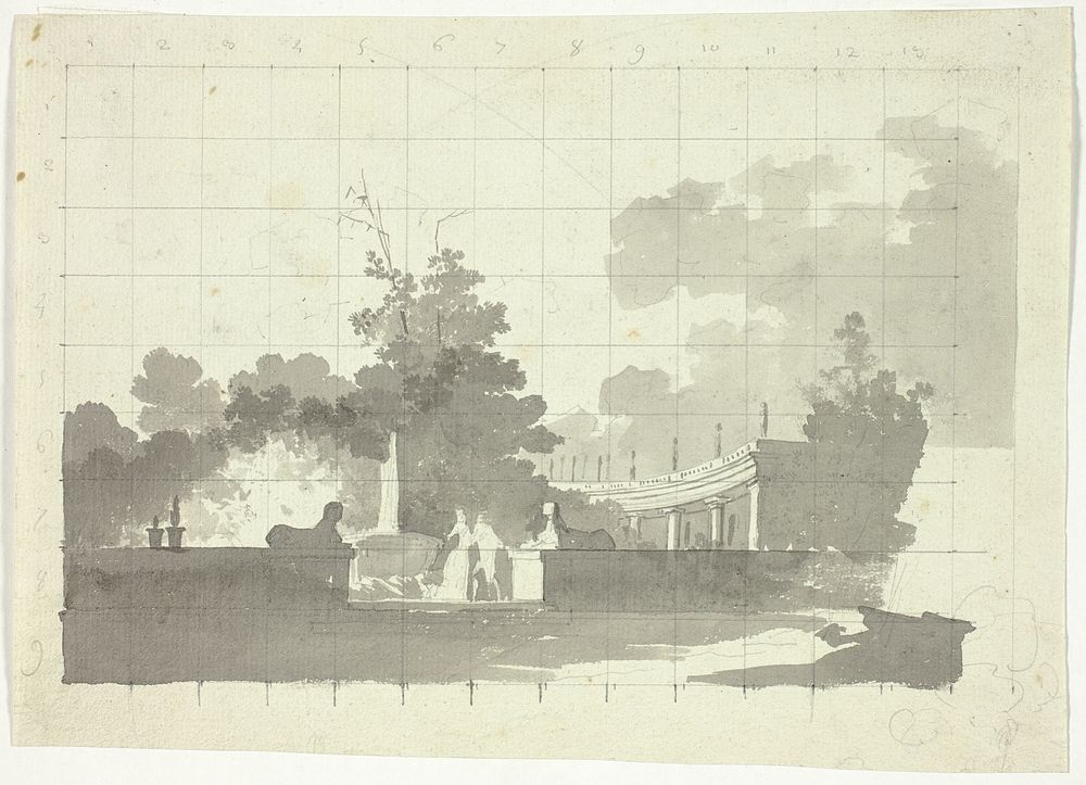 View of the Park at Versailles: Two Sphinxes and a Couple Near a Collonade by Pierre Antoine Mongin