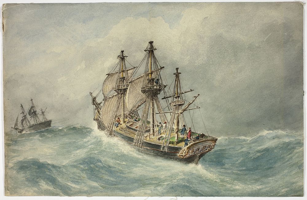 Two Three-Mast Ships on Stormy Sea by Unknown artist
