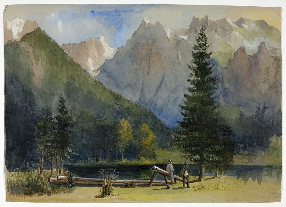 Two Men by Pond below Alps by Unknown
