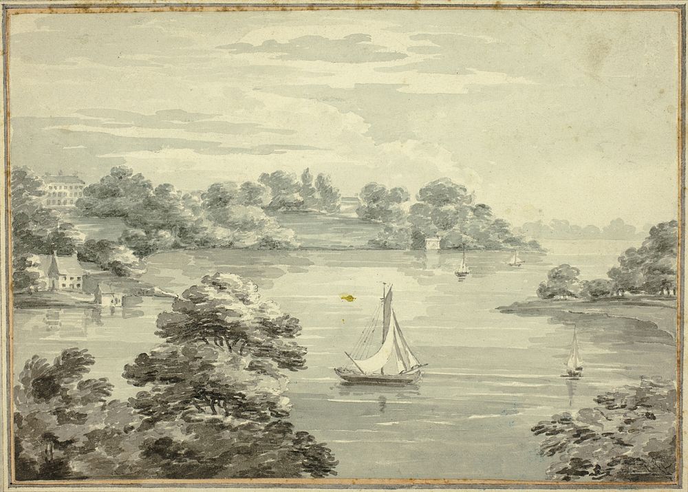 Sailing Boats on Lake with Houses near Shore by Thomas Hearne