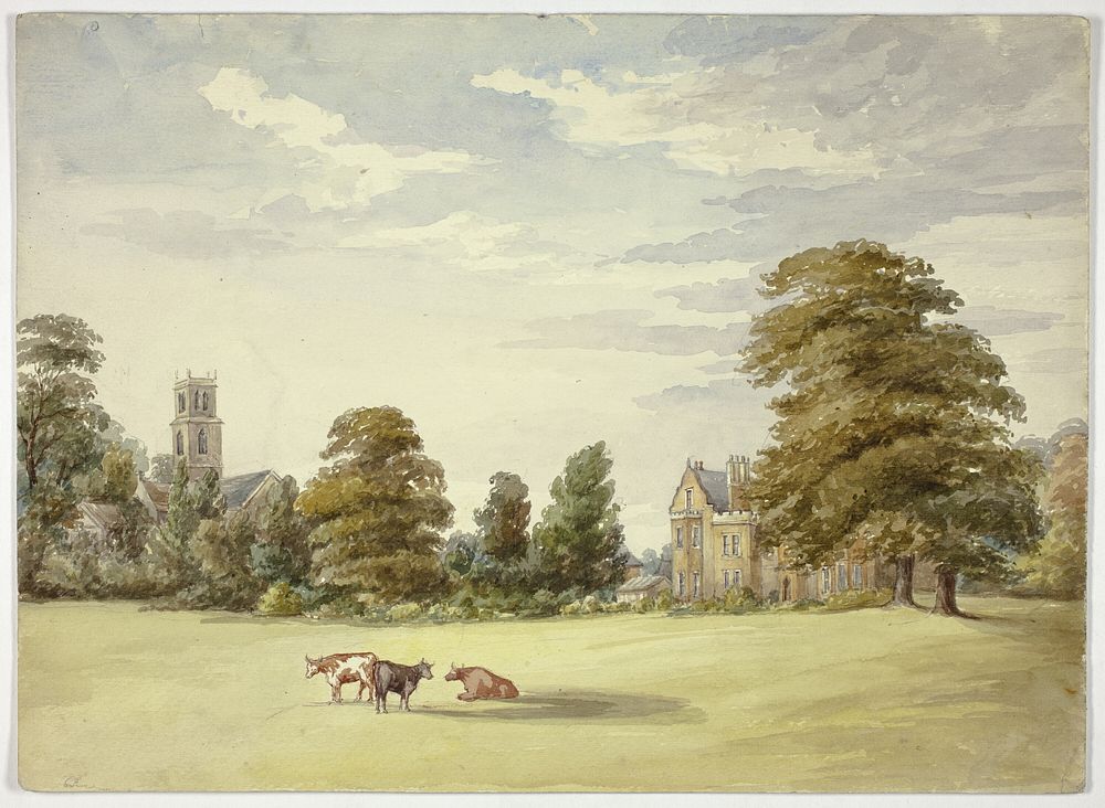 Cows before Manor House and Church by Elizabeth Murray