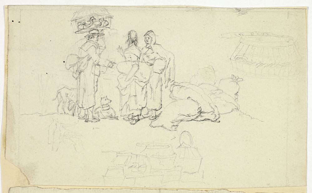 Figures with Market Goods and Three Sketches by William Henry Pyne