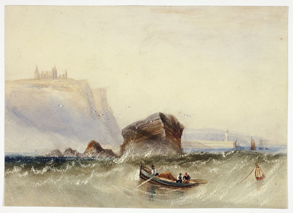 Three Men in Rowboat off Rocky Coast by Circle of Henry Barlow Carter