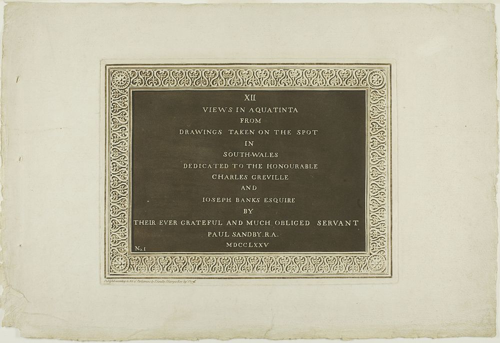 Title Page, from Twelve Views in Aquatinta from Drawings taken on the Spot in South Wales by Paul Sandby