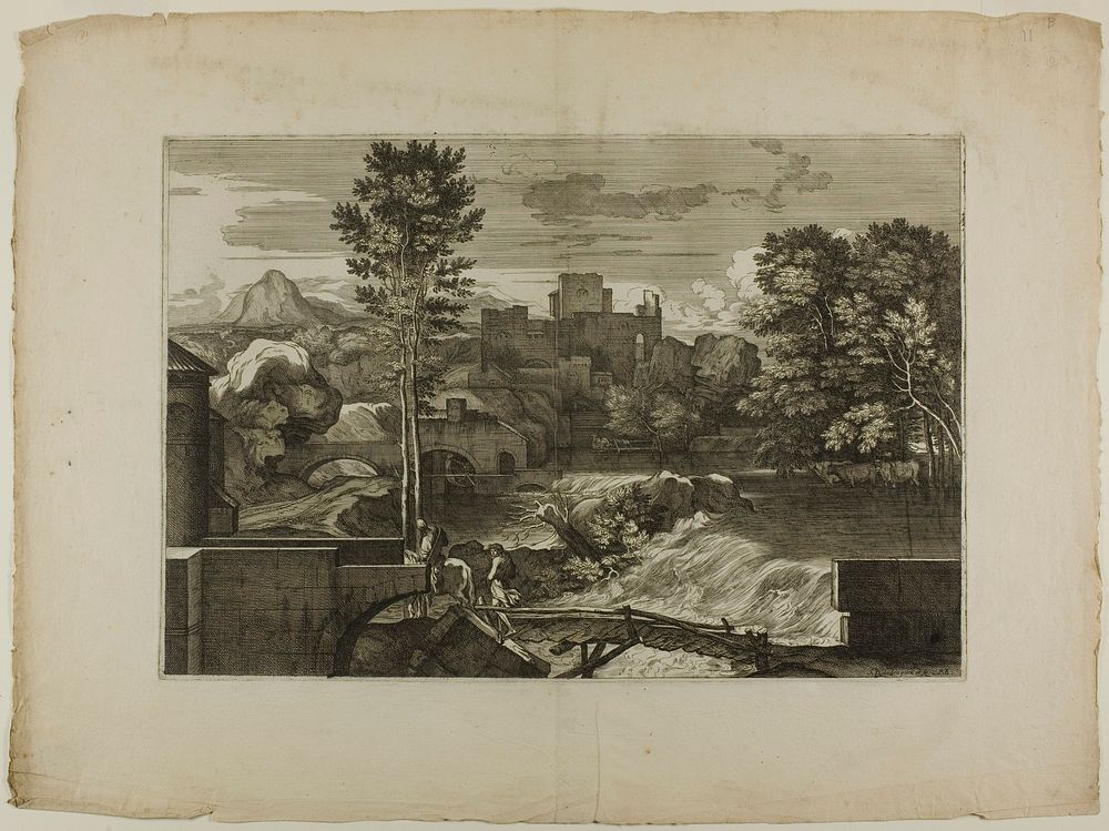 Waterfall at a Stone Bridge, with Castle in the Distance by Sébastien Bourdon