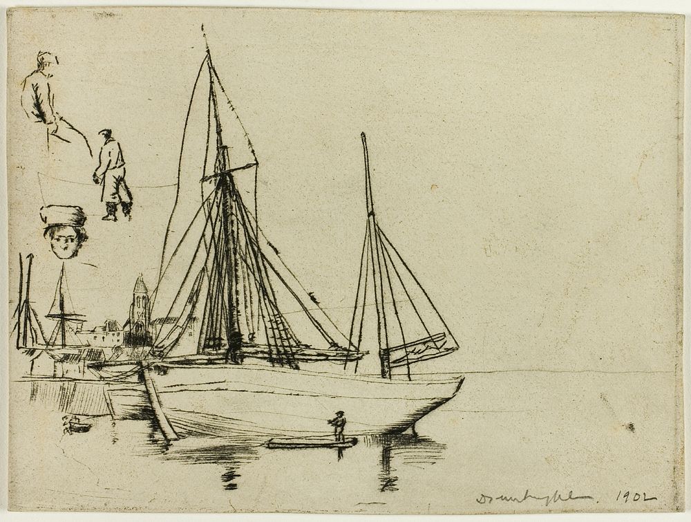 Sketch of Fishing Boats and Sailors by Donald Shaw MacLaughlan