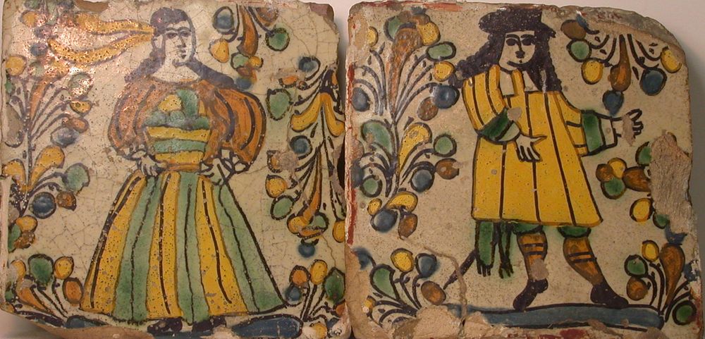 Polychrome Tiles Depicting Male and Female Figures in Contemporary Dress Surrounded by Abstract Foliage by Talavera Poblana