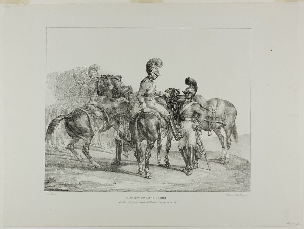 A Party of Life Guards, plate 5 from Various Subjects Drawn from Life on Stone by Jean Louis André Théodore Géricault