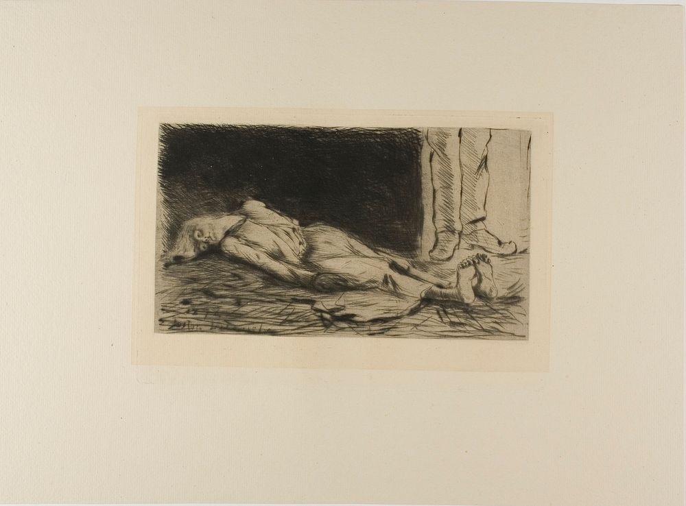 Plate from l'Assommoir (woman lying on floor) by Gaston La Touche