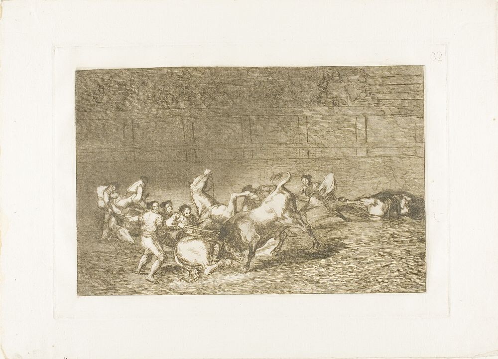 Two teams of picadors thrown one after the other by a single bull, plate 32 from The Art of Bullfighting by Francisco José…