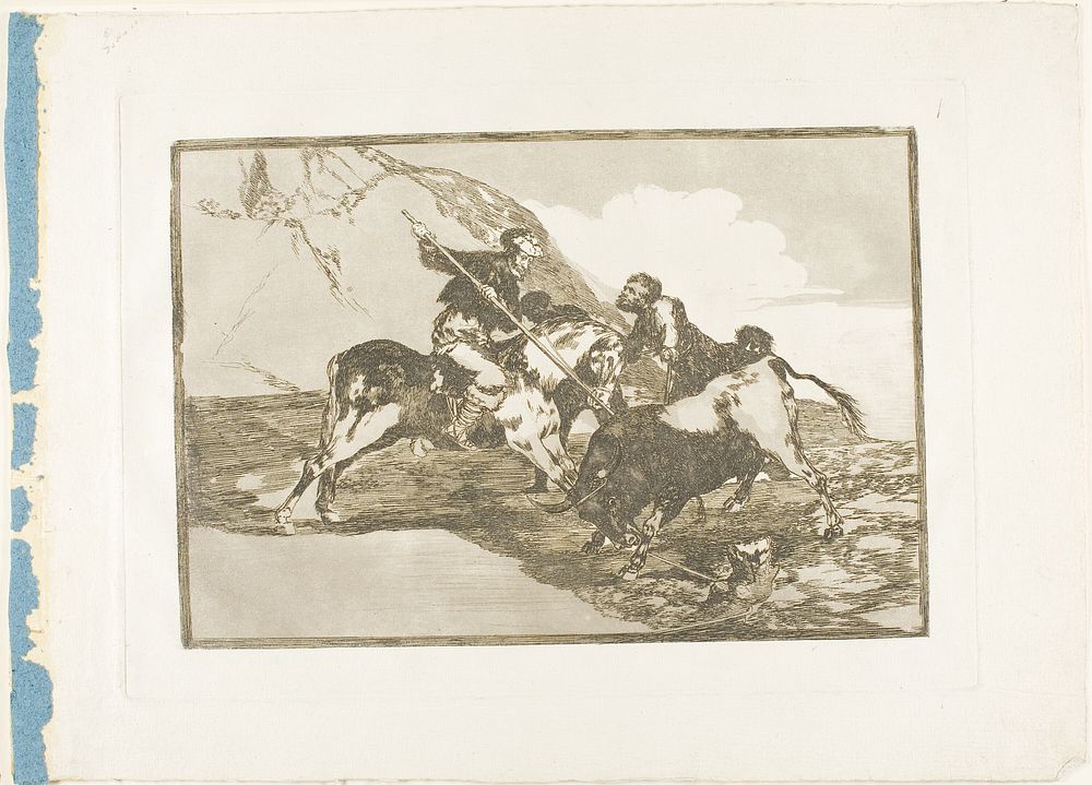 The Way in Which the Ancient Spaniards Hunted Bulls on Horseback in the Open Country, plate one from The Art of Bullfighting…