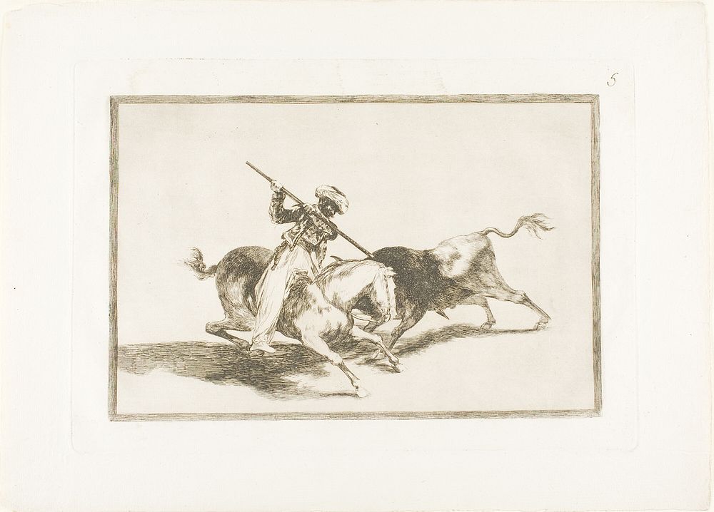 The Spirited Moor Gazul is the First to Spear Bulls According to Rules, plate five from The Art of Bullfighting by Francisco…