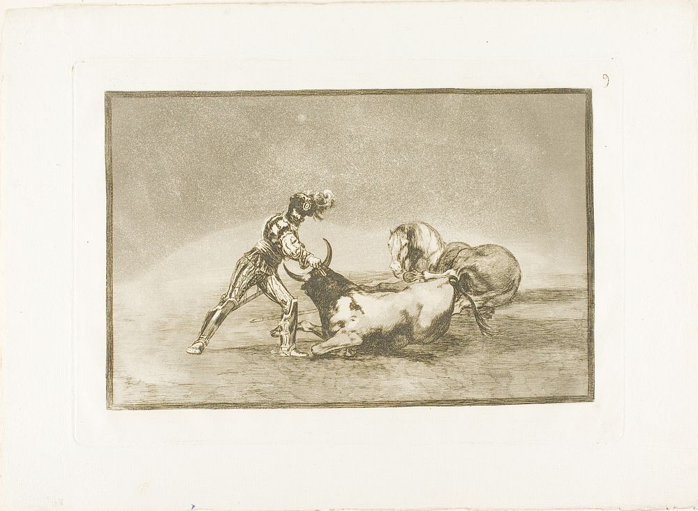 A Spanish knight kills the bull after having lost his horse, plate nine from The Art of Bullfighting by Francisco José de…