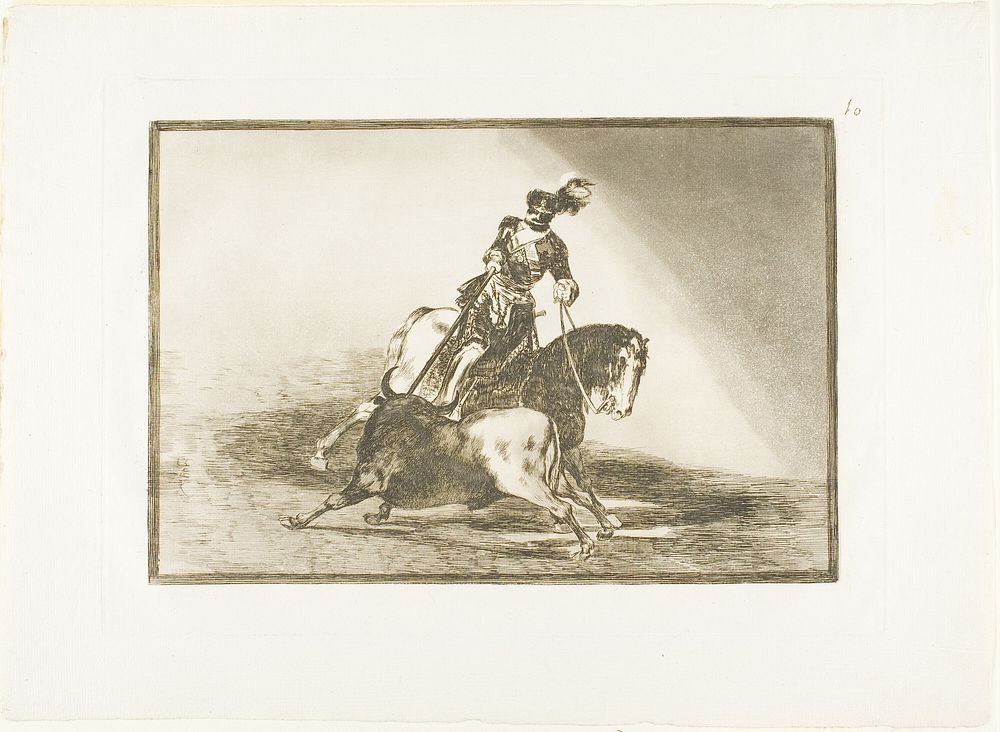 Charles V spearing a bull in the ring at Valladolid, plate ten from The Art of Bullfighting by Francisco José de Goya y…