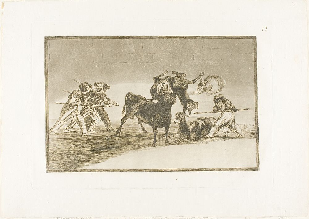 The Moors use donkeys as a barrier to defend themselves against the bull whose horns have been tipped with balls, plate 17…