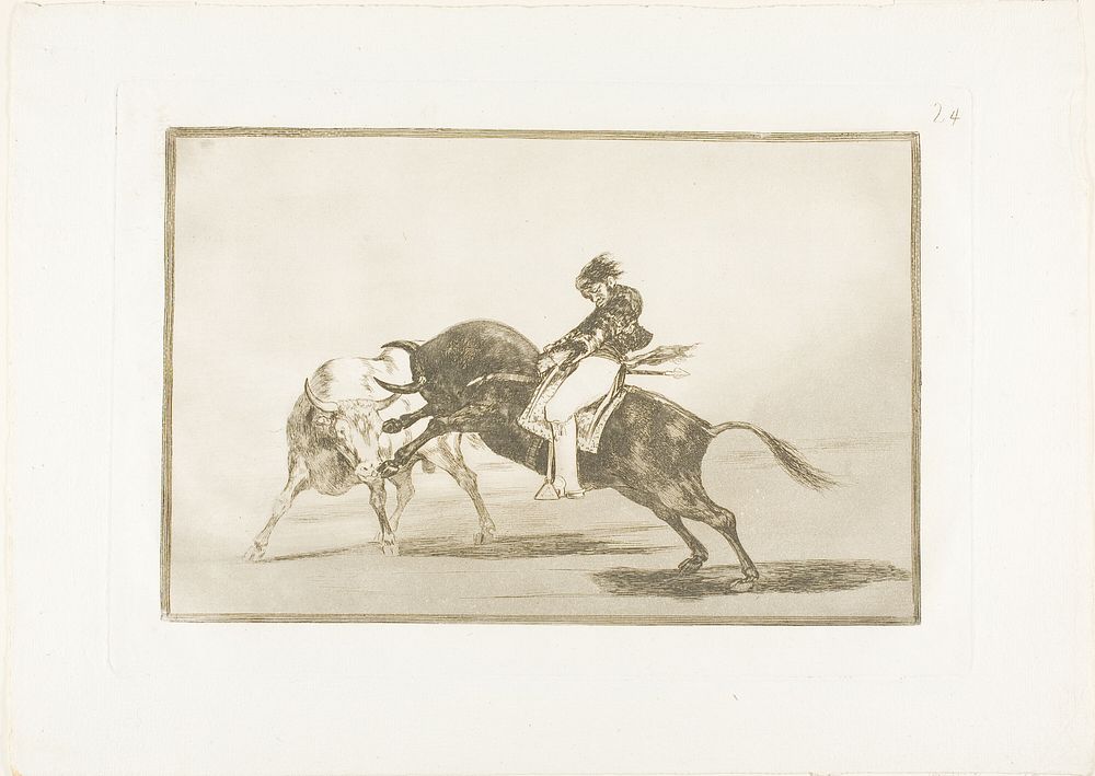 The Same Ceballos, Mounted on Another Bull, Breaks Short Spears in the Ring at Madrid, plate 24 from The Art of Bullfighting…