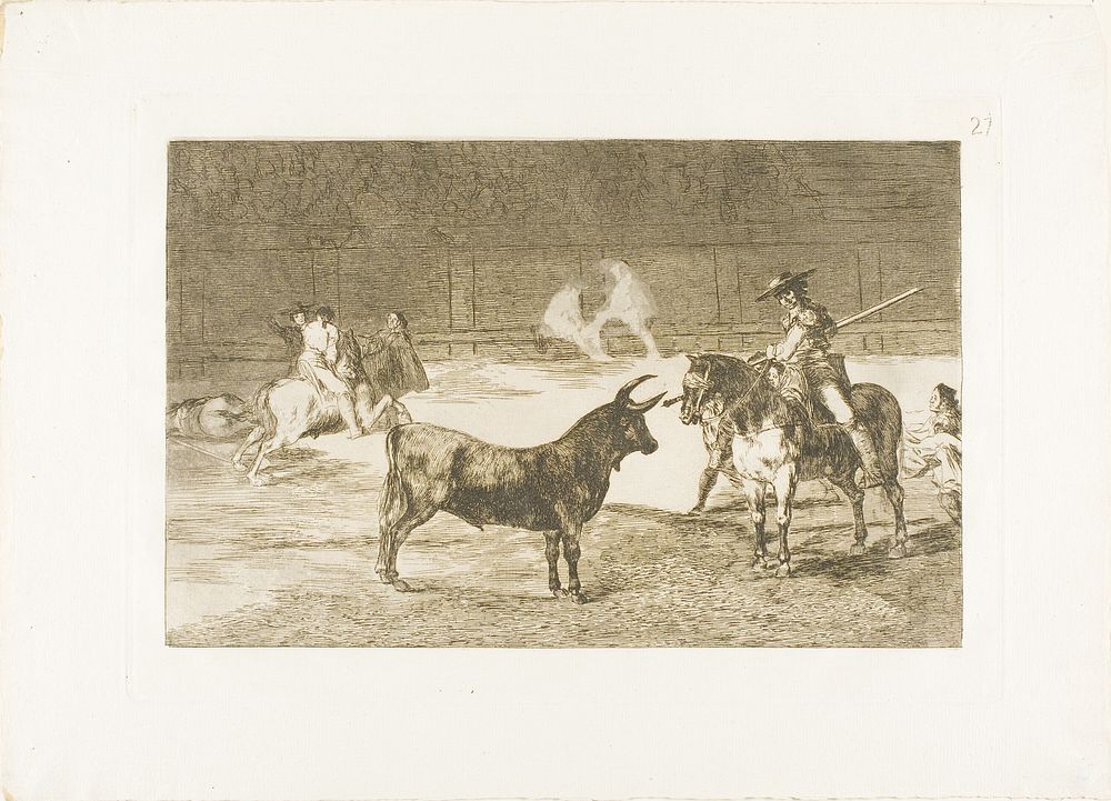 The Celebrated Picador, Fernando del Toro, Draws the Fierce Beast on with His Pique, plate 27 from The Art of Bullfighting…