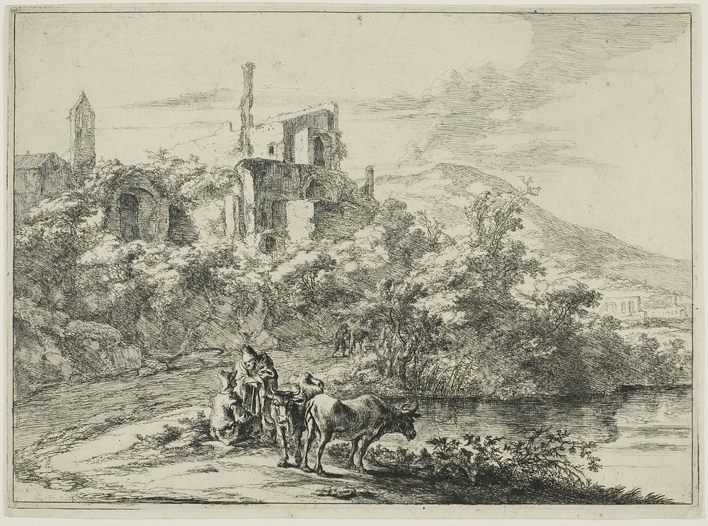 Landscape with Ruins and Two Cows at the Waterside, from a series of four horizontal Roman Landscapes by Jan Both