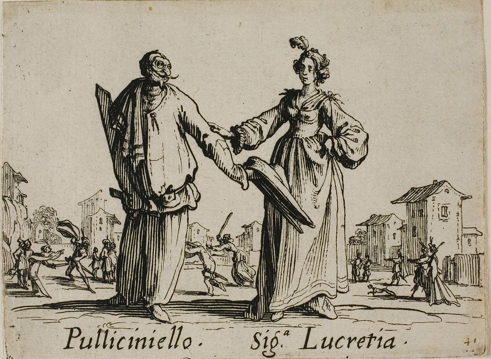 Pulliciniello - Signora Lucretia, plate 9 from Balli di Sfessania by Jacques Callot