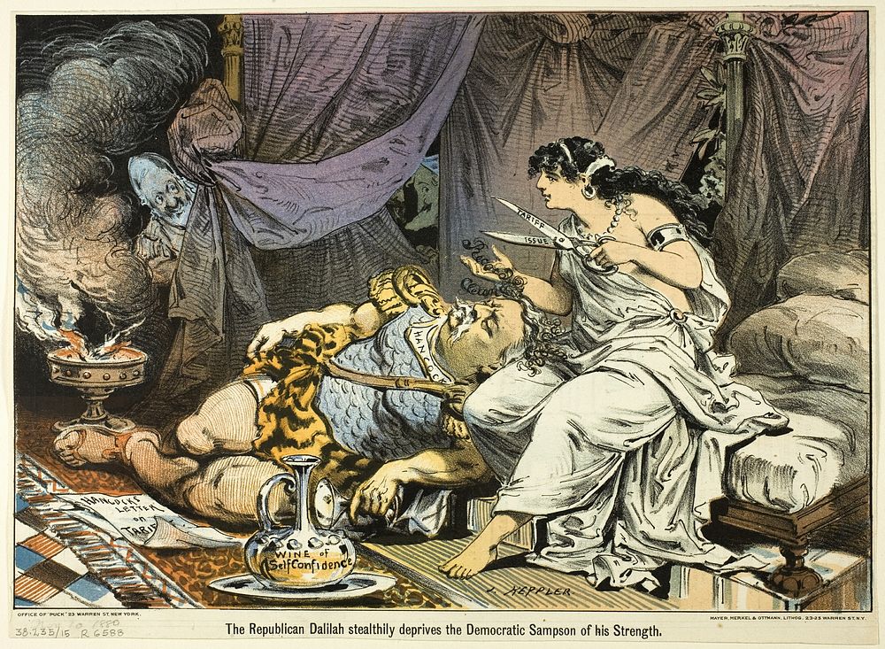 The Republican Dalilah Stealthily the Democratic Sampson of his Strength, from Puck by Joseph Keppler