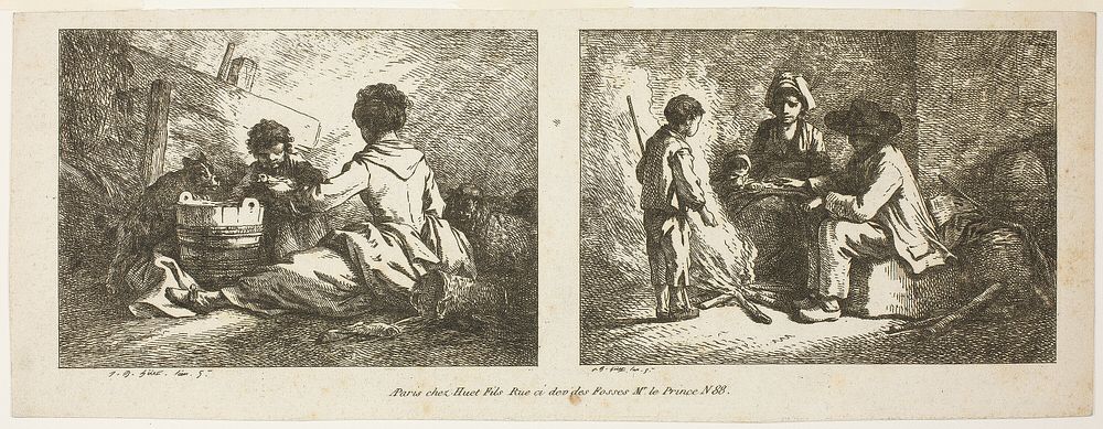 Children with a Dog and Sheep and Peasant Family by a Fire by Jean Baptiste Huet