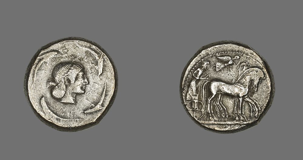 Tetradrachm (Coin) Depicting Quadriga with Bearded Charioteer by Ancient Greek