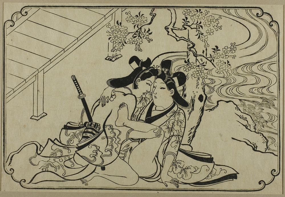 Lovers in the Garden, from an Untitled Series of Erotic Prints by Hishikawa Moronobu