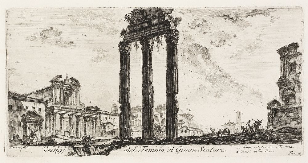 Ruins of the Temple of Jupiter Stator [Jupiter the Supporter]. 1. Temple of Antoninus and Faustina. 2. Temple of Peace…