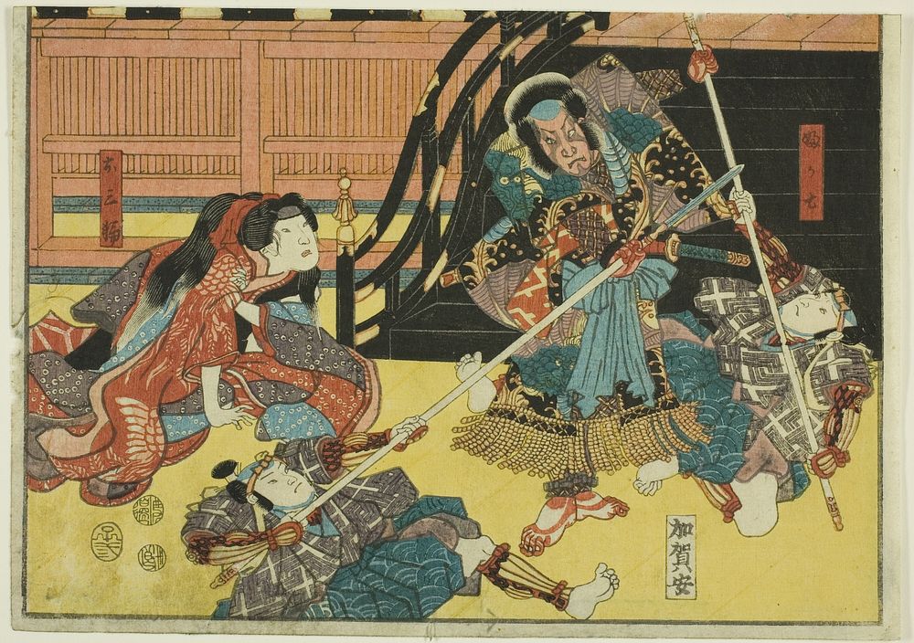 Actors as Fukashichi and Omiwa from the play "Imoseyama," from an untitled series of half-block images of kabuki scenes by…