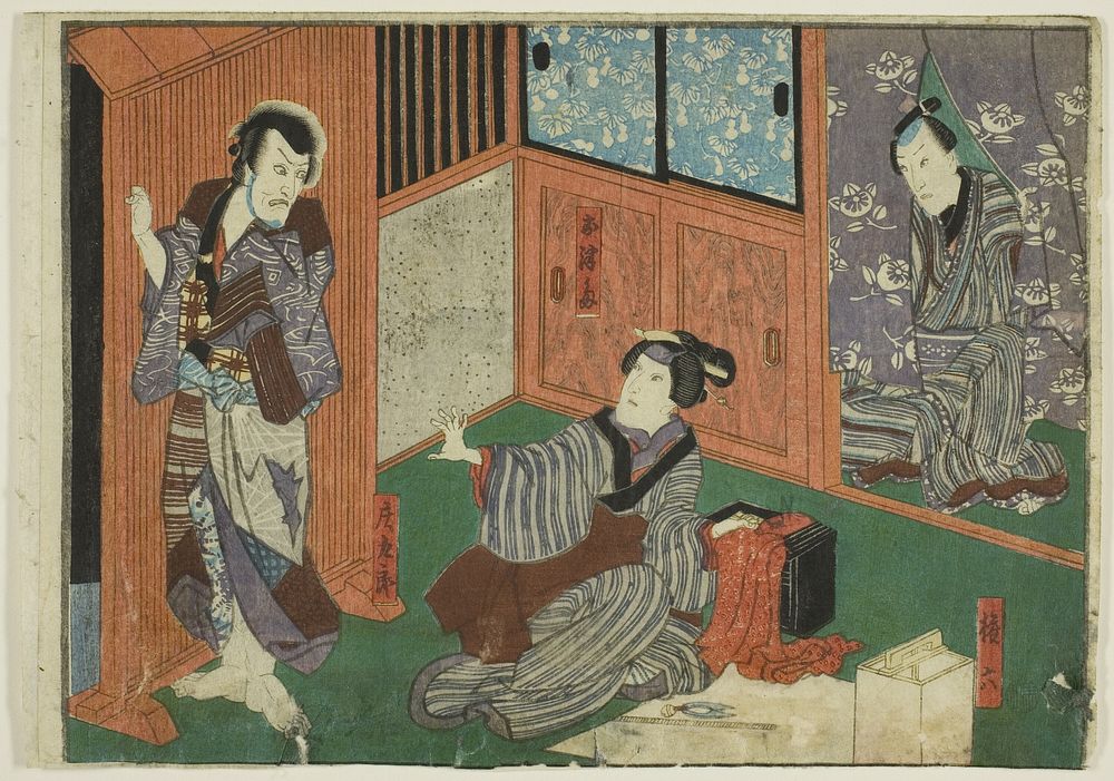 Actors as Genroku, Otsuma, and Shokuro, from an untitled series of half-block images of kabuki scenes by Utagawa Kunisada I…
