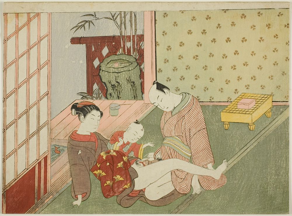 Lovers with Young Attendant Looking on, from an untitled series of erotic prints by Suzuki Harunobu