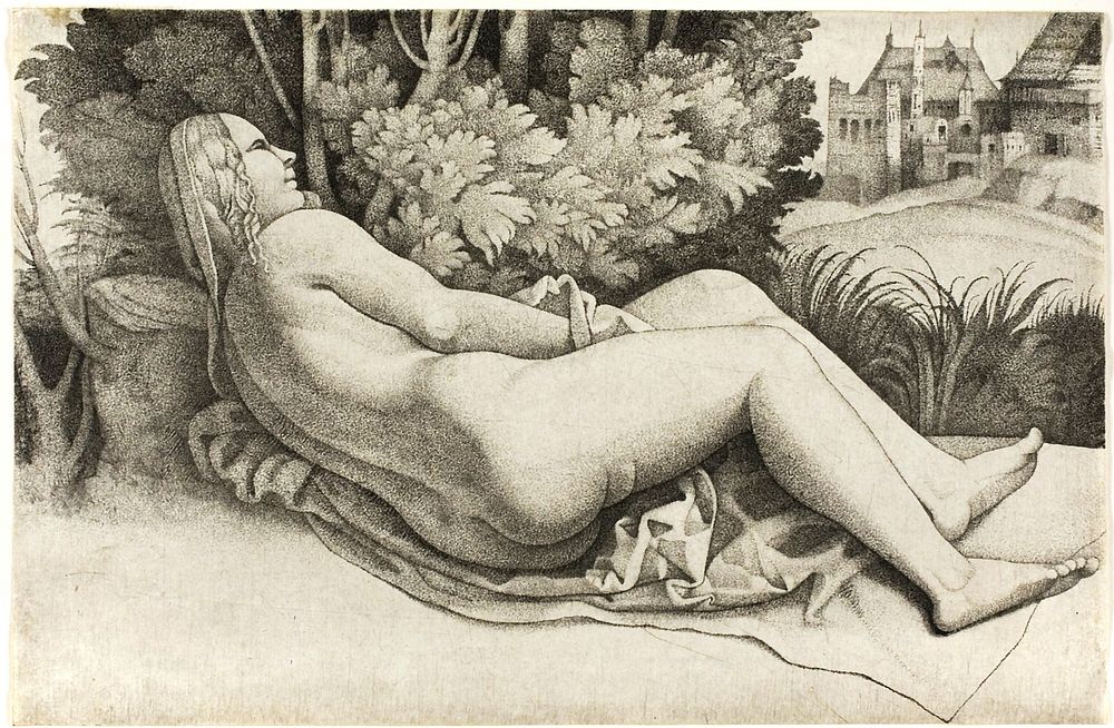 Woman Reclining in a Landscape by Giulio Campagnola