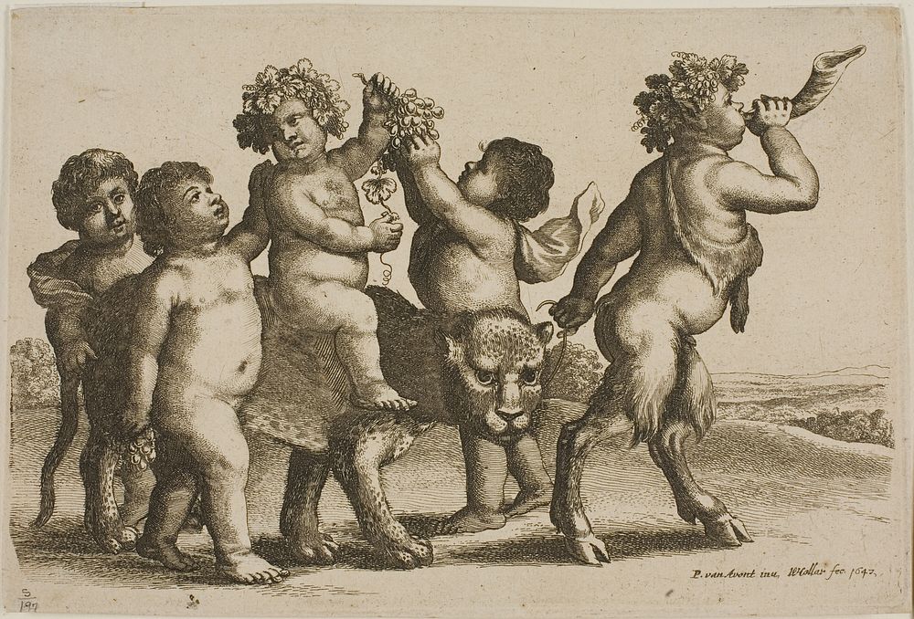 Young Bacchus Riding a Leopard Led By a Satyr Blowing a Horn by Wenceslaus Hollar