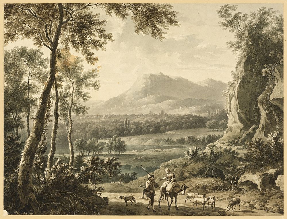 Italianate Landscape with Traveling Peasants in Foreground by Frederick de Moucheron