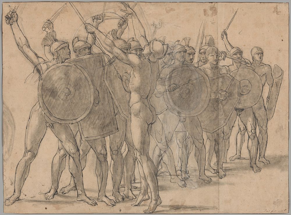 Nude Soldiers Gesticulating with Their Weapons (recto); Two Drapery Studies for the Figure of Tatius (verso) by Jacques…