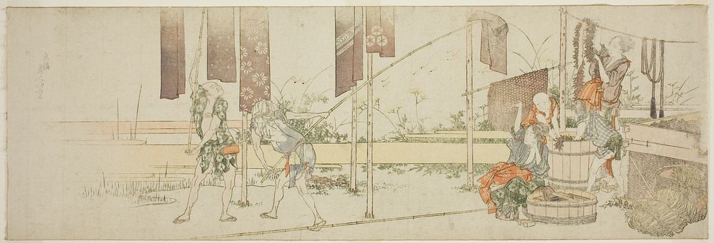 Hanging up dyed cloth by Katsushika Hokusai
