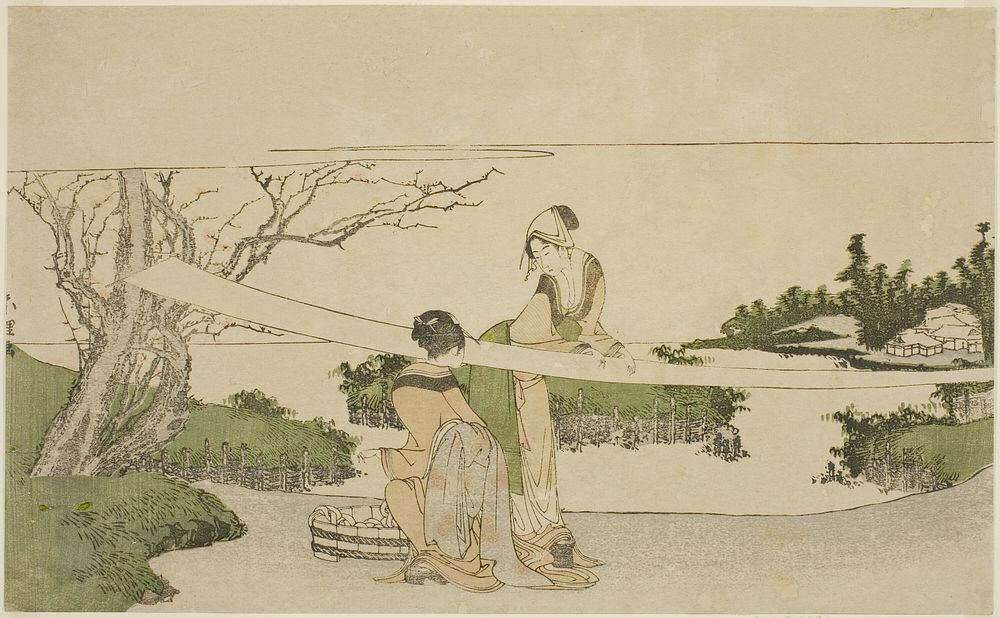 Two women stretching cloth by Katsushika Hokusai